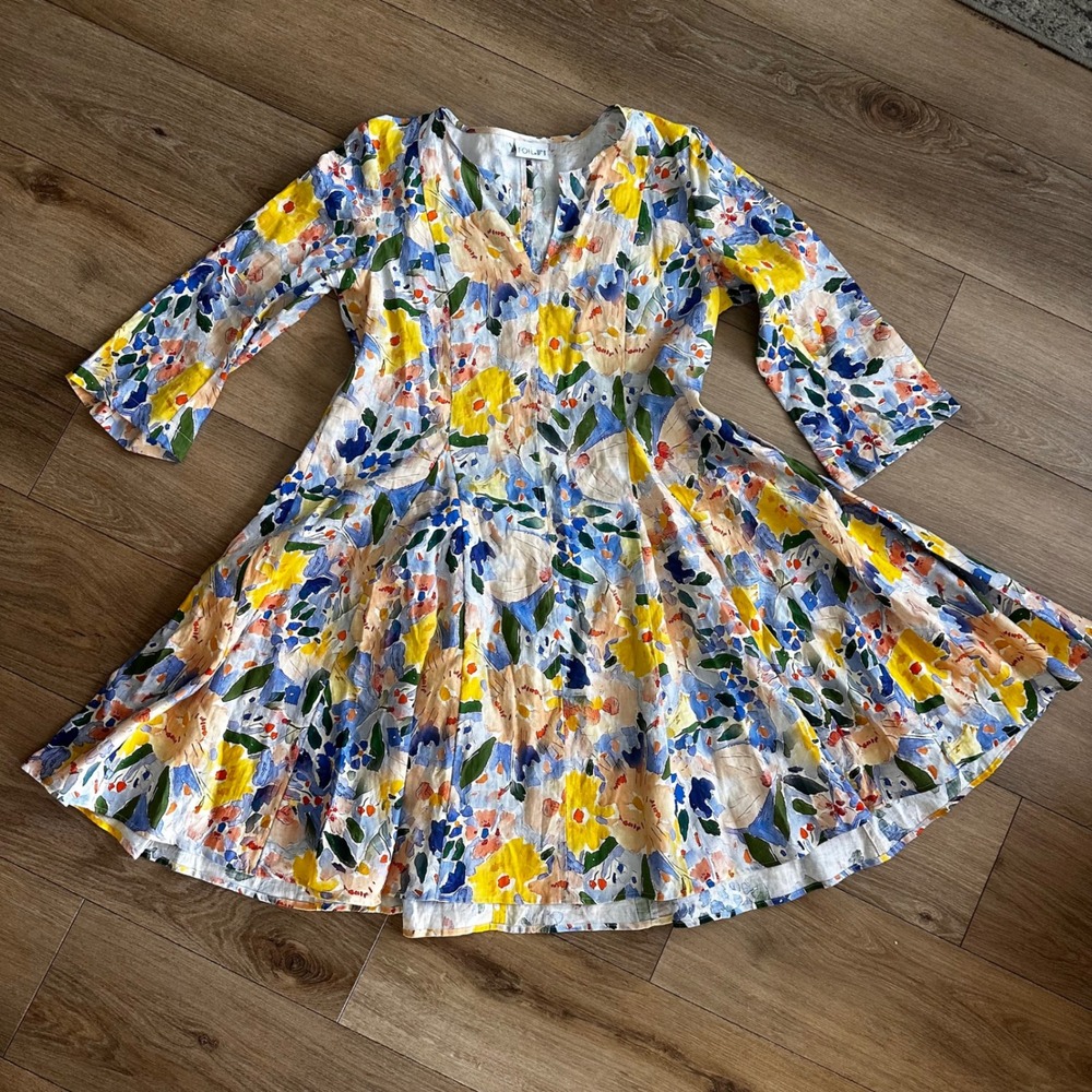 Foil 100% Linen Floral V-Neck Fit & Flare Dress‎ 3/4 Sleeve Multi-Color Size 10